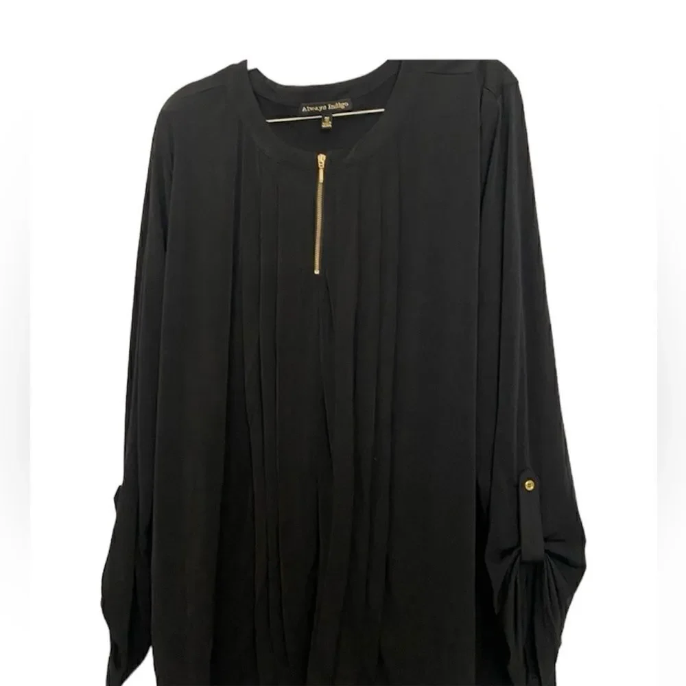 Always Indigo Long Sleeve Black Blouse Size 3X 1/4 Gold Zipper - Picture 2 of 12
